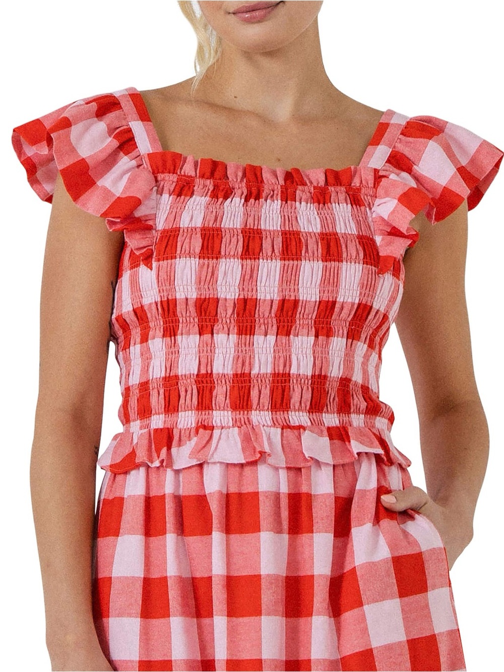 English Factory Gingham Smocked Ruffle Crop Top sz M